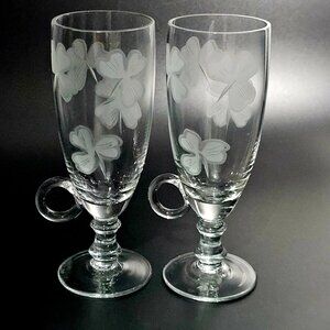 Avitra Handled Irish Coffee Glasses 6" etched Shamrock clovers vintage crystal